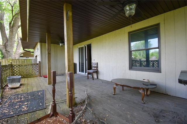 880 W Nicholas St, Carlinville, IL 62626 - view of patio / terrace featuring a ceiling fan, a wooden deck, and fence