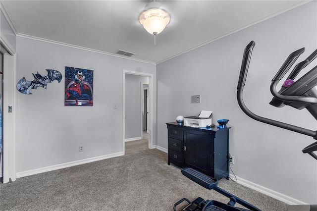 102 E Charlotte, Lilbourn, MO 63862 - workout room with carpet flooring, baseboards, and crown molding