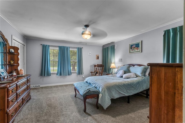 102 E Charlotte, Lilbourn, MO 63862 - bedroom featuring ornamental molding, carpet flooring, baseboards, and ceiling fan