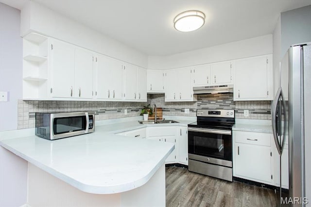 10077 N Bunker Hill Dr Unit F, Mehlville, MO 63123 - kitchen featuring appliances with stainless steel finishes, under cabinet range hood, a peninsula, open shelves, and light countertops