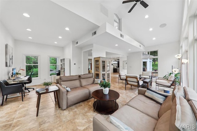 200 Hibler Oaks Dr, Creve Coeur, MO 63141 - living area featuring recessed lighting, ceiling fan, and a high ceiling