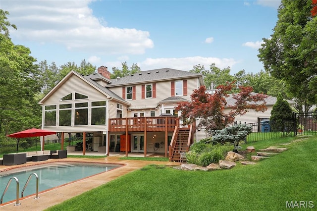 200 Hibler Oaks Dr, Creve Coeur, MO 63141 - rear view of house with a deck, an outdoor hangout area, stairs, a patio area, and french doors