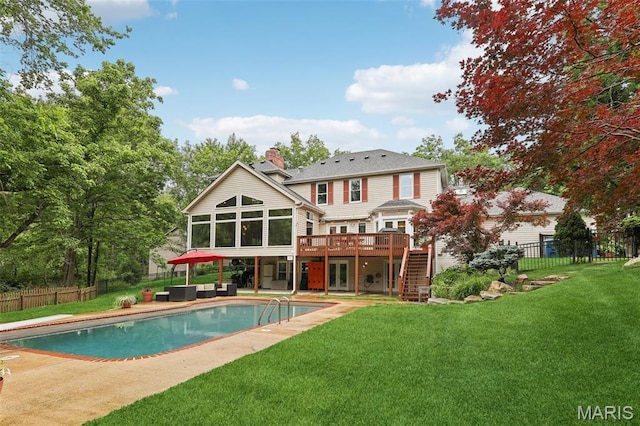 200 Hibler Oaks Dr, Creve Coeur, MO 63141 - back of property featuring stairs, a sunroom, a wooden deck, a chimney, and a patio area