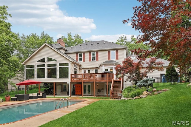 200 Hibler Oaks Dr, Creve Coeur, MO 63141 - back of property featuring an outdoor hangout area, french doors, a deck, stairway, and a chimney
