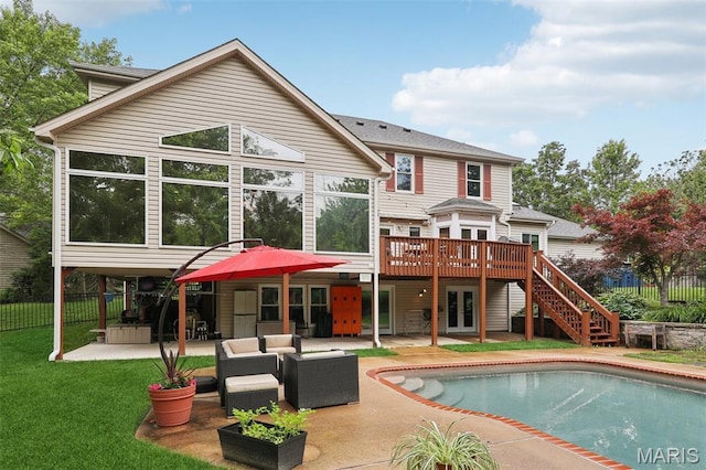 200 Hibler Oaks Dr, Creve Coeur, MO 63141 - back of house featuring a patio, a deck, french doors, stairway, and outdoor lounge area
