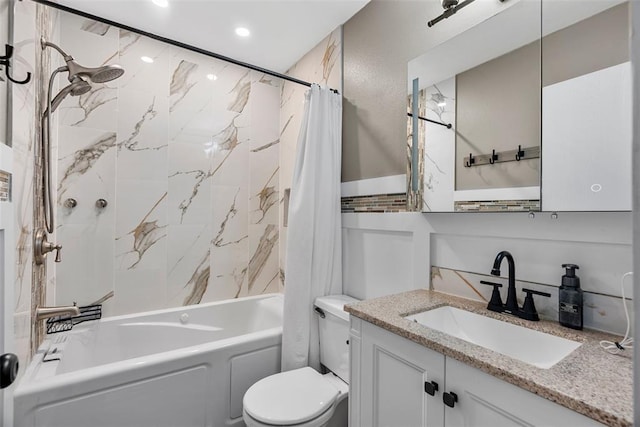 12930 Mohawk Dr, De Soto, MO 63020 - full bathroom with shower / tub combo, toilet, vanity, backsplash, and tile walls