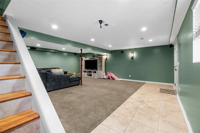 12930 Mohawk Dr, De Soto, MO 63020 - carpeted home theater room featuring recessed lighting, tile patterned floors, and baseboards
