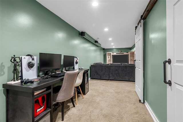 12930 Mohawk Dr, De Soto, MO 63020 - office space with carpet flooring, a barn door, recessed lighting, and baseboards