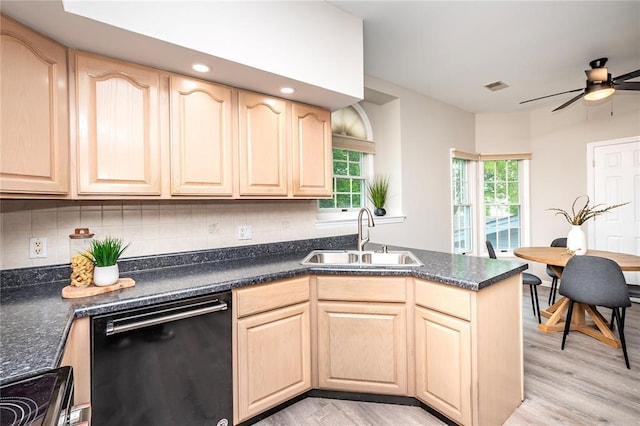 kitchen with black dishwasher, a sink, light brown cabinets, ceiling fan, and recessed lighting