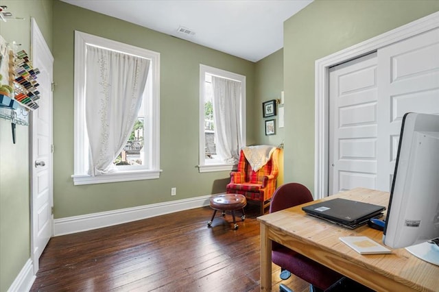 office area featuring hardwood / wood-style flooring and baseboards