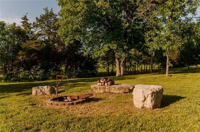 view of grassy yard with an outdoor fire pit and view of scattered trees