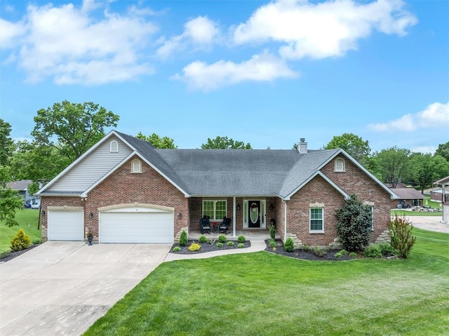 453 Augustine Rd, Saint Louis, MO 63025 - view of front of house with brick siding, a front yard, concrete driveway, and a porch