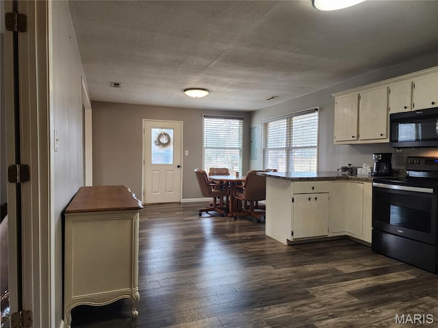 342 Deer Run Acres A, Williamsville, MO 63967 - kitchen featuring black microwave, range with electric stovetop, a peninsula, dark wood-type flooring, and a textured ceiling