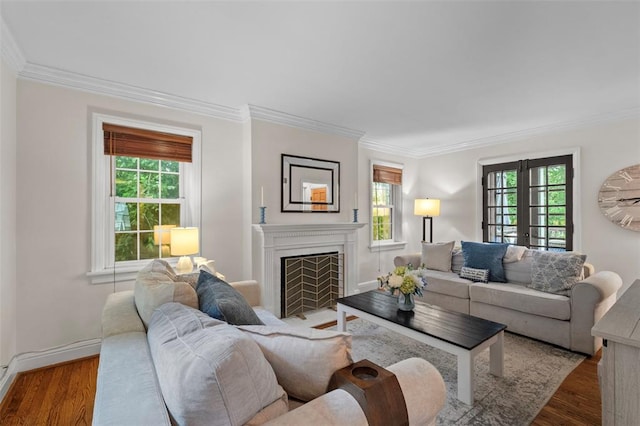 301 Dawson Ct, Webster Groves, MO 63119 - living area featuring crown molding, plenty of natural light, wood finished floors, baseboards, and a fireplace with flush hearth