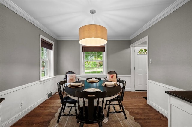 301 Dawson Ct, Webster Groves, MO 63119 - dining area with dark wood-style flooring, ornamental molding, and a wainscoted wall