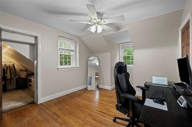 301 Dawson Ct, Webster Groves, MO 63119 - office featuring light wood-style floors, a ceiling fan, plenty of natural light, lofted ceiling, and baseboards