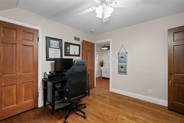 301 Dawson Ct, Webster Groves, MO 63119 - office featuring a ceiling fan, wood finished floors, and baseboards
