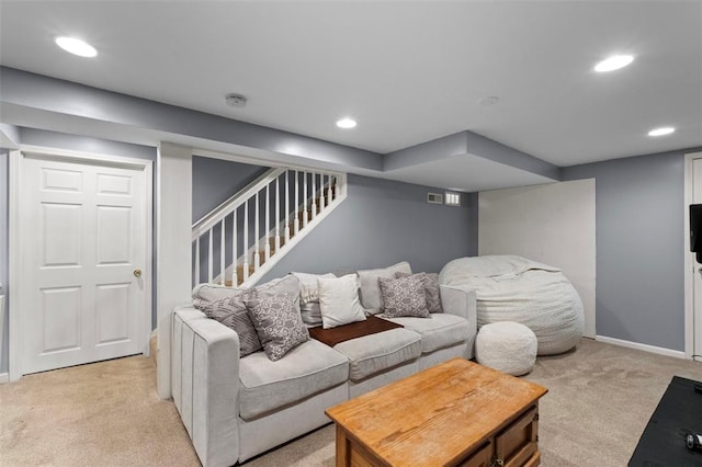 301 Dawson Ct, Webster Groves, MO 63119 - living area with light carpet, recessed lighting, stairs, and baseboards