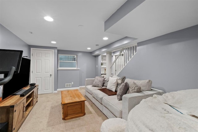301 Dawson Ct, Webster Groves, MO 63119 - living area featuring recessed lighting, baseboards, stairway, and light colored carpet