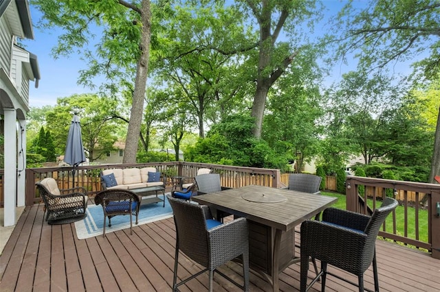 301 Dawson Ct, Webster Groves, MO 63119 - deck featuring an outdoor hangout area, outdoor dining area, and view of wooded area