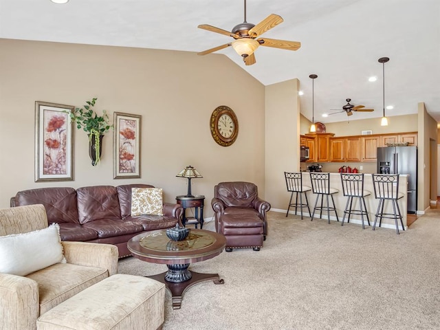 1569 Ghent Rd, Columbia, IL 62236 - living area featuring a ceiling fan, lofted ceiling, baseboards, light colored carpet, and recessed lighting