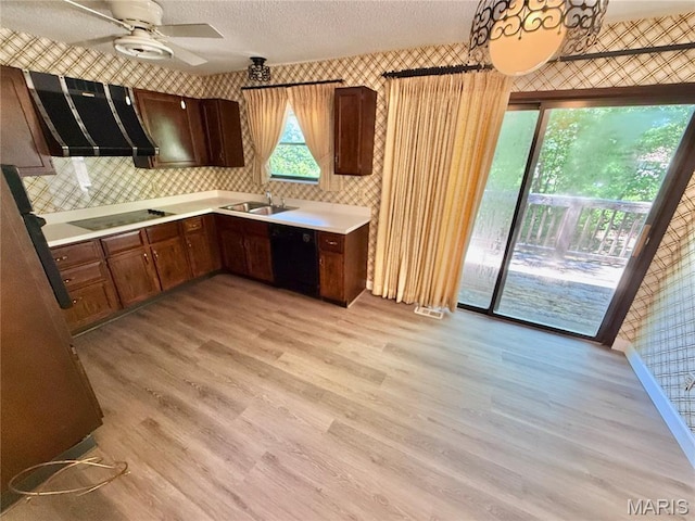 8305 Brouk Dr, Cedar Hill, MO 63016 - kitchen featuring wallpapered walls, range hood, black appliances, a sink, and ceiling fan