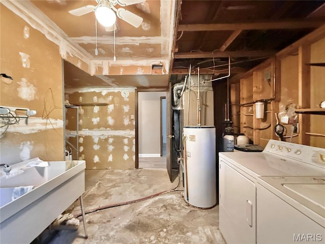 8305 Brouk Dr, Cedar Hill, MO 63016 - unfinished basement featuring water heater, washing machine and clothes dryer, ceiling fan, and a sink