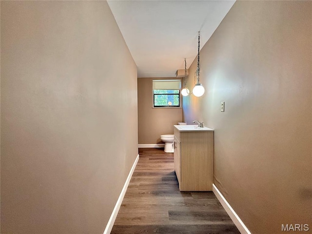 8305 Brouk Dr, Cedar Hill, MO 63016 - bathroom featuring toilet, vanity, baseboards, and wood finished floors