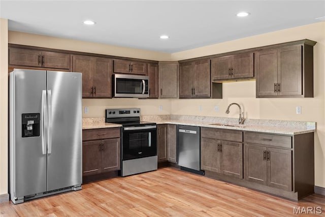2805 Beth Ann Ct, Pontoon Beach, IL 62040 - kitchen with stainless steel appliances, a sink, dark brown cabinetry, light wood-type flooring, and recessed lighting