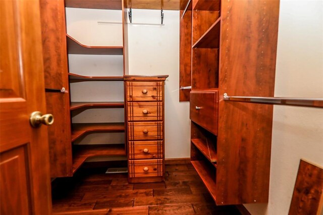 spacious closet with dark wood-style floors