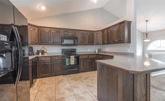 23529 Restore Rd, Waynesville, MO 65583 - kitchen with black appliances, lofted ceiling, a peninsula, dark brown cabinets, and light tile patterned floors
