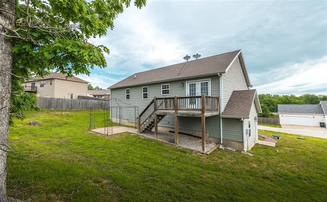 23529 Restore Rd, Waynesville, MO 65583 - back of house with a wooden deck, stairs, french doors, and roof with shingles