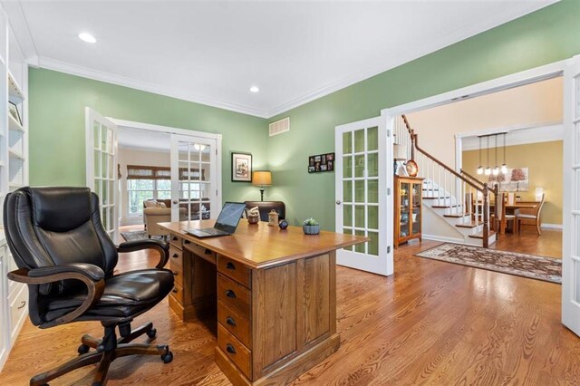 230 Merlot Ln, Saint Albans, MO 63073 - home office featuring french doors, light wood finished floors, ornamental molding, baseboards, and recessed lighting