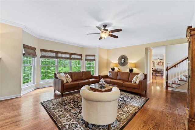 230 Merlot Ln, Saint Albans, MO 63073 - living room featuring ceiling fan, wood finished floors, stairway, and ornamental molding