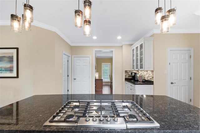 230 Merlot Ln, Saint Albans, MO 63073 - kitchen featuring stainless steel gas stovetop, white cabinets, ornamental molding, decorative backsplash, and recessed lighting
