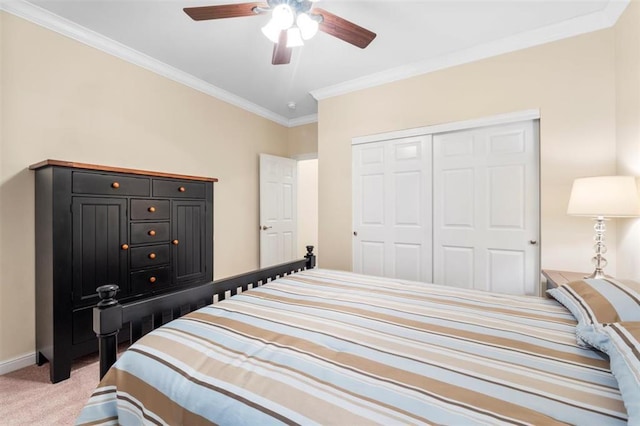 230 Merlot Ln, Saint Albans, MO 63073 - bedroom featuring light colored carpet, ornamental molding, a closet, ceiling fan, and baseboards