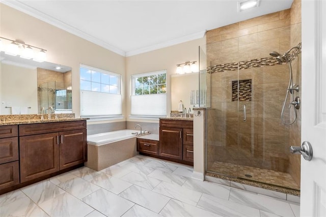 230 Merlot Ln, Saint Albans, MO 63073 - full bathroom with a stall shower, a bath, two vanities, ornamental molding, and marble finish floors