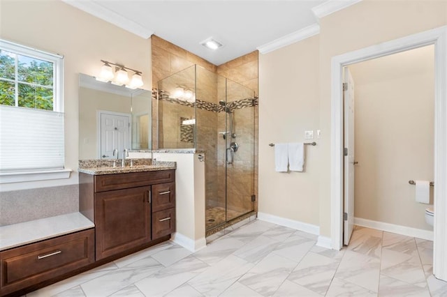 230 Merlot Ln, Saint Albans, MO 63073 - full bathroom featuring vanity, a shower stall, crown molding, toilet, and baseboards