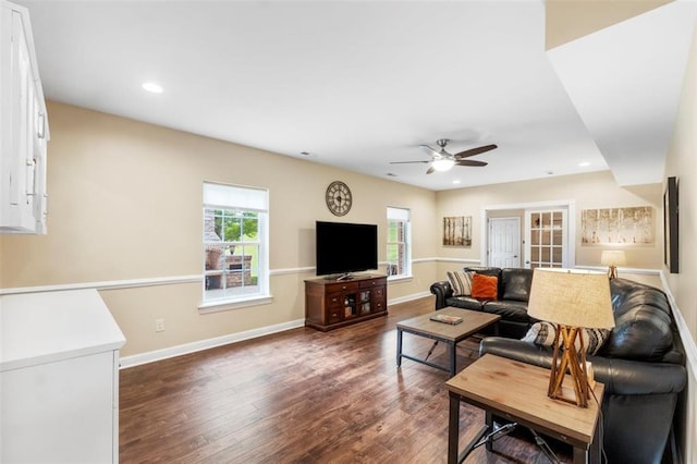 230 Merlot Ln, Saint Albans, MO 63073 - living room featuring a ceiling fan, dark wood-style flooring, plenty of natural light, baseboards, and recessed lighting