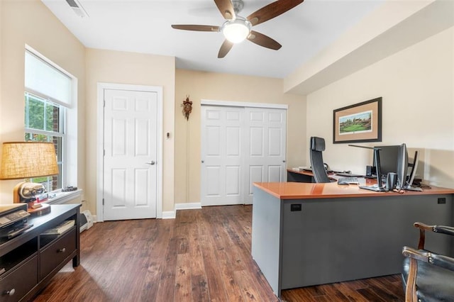 230 Merlot Ln, Saint Albans, MO 63073 - home office with a ceiling fan, dark wood-style flooring, and baseboards