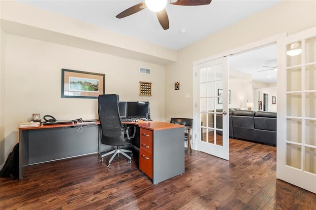 230 Merlot Ln, Saint Albans, MO 63073 - home office featuring french doors, ceiling fan, and dark wood-style flooring