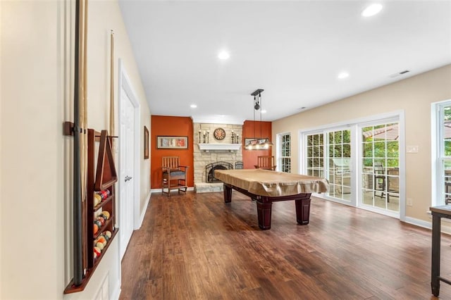 230 Merlot Ln, Saint Albans, MO 63073 - recreation room with a stone fireplace, dark wood-style floors, recessed lighting, pool table, and baseboards