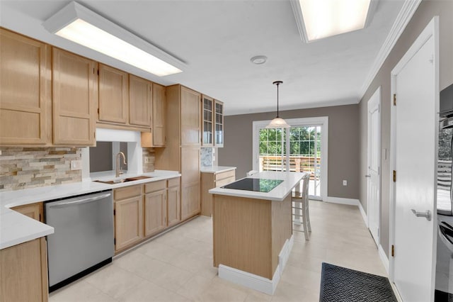 kitchen featuring a sink, dishwasher, light brown cabinets, tasteful backsplash, and ornamental molding
