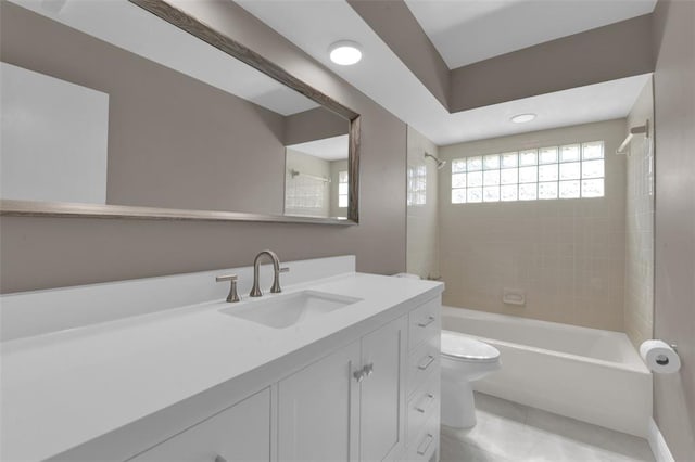 full bathroom featuring toilet, washtub / shower combination, vanity, tile patterned flooring, and recessed lighting