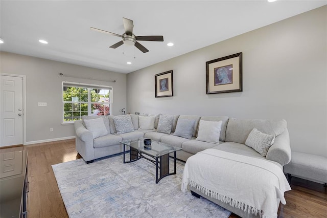 1051 Timber Creek Ln, Imperial, MO 63052 - living room featuring ceiling fan, recessed lighting, wood finished floors, and baseboards