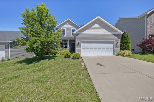 1051 Timber Creek Ln, Imperial, MO 63052 - traditional-style home featuring a front lawn, concrete driveway, a garage, and stone siding