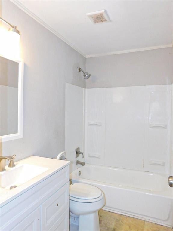 full bathroom with ornamental molding, toilet, bathtub / shower combination, and vanity