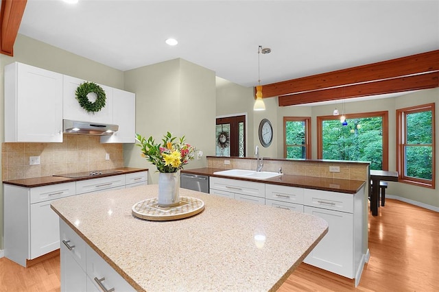 19072 Bear Trail Rd, Glencoe, MO 63038 - kitchen featuring a sink, under cabinet range hood, dishwasher, a peninsula, and black electric cooktop