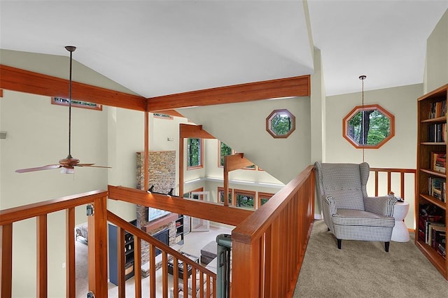 19072 Bear Trail Rd, Glencoe, MO 63038 - stairs with plenty of natural light, lofted ceiling, carpet, and a ceiling fan