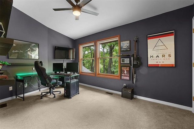 19072 Bear Trail Rd, Glencoe, MO 63038 - home office with carpet floors, ceiling fan, baseboards, and lofted ceiling